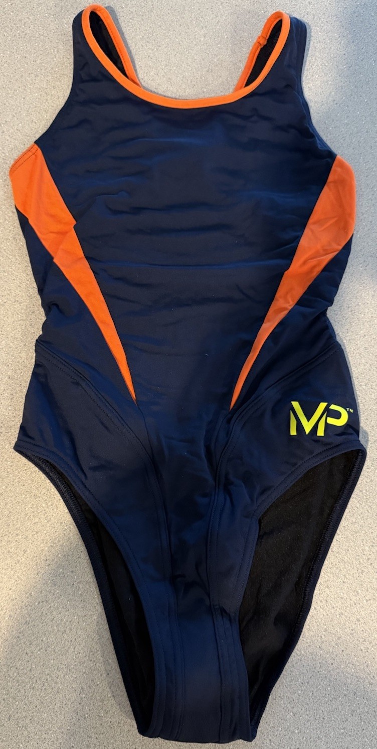 Size 32 Michael Phelps Comp Back Splice Navy Blue Orange Swimsuit NEW