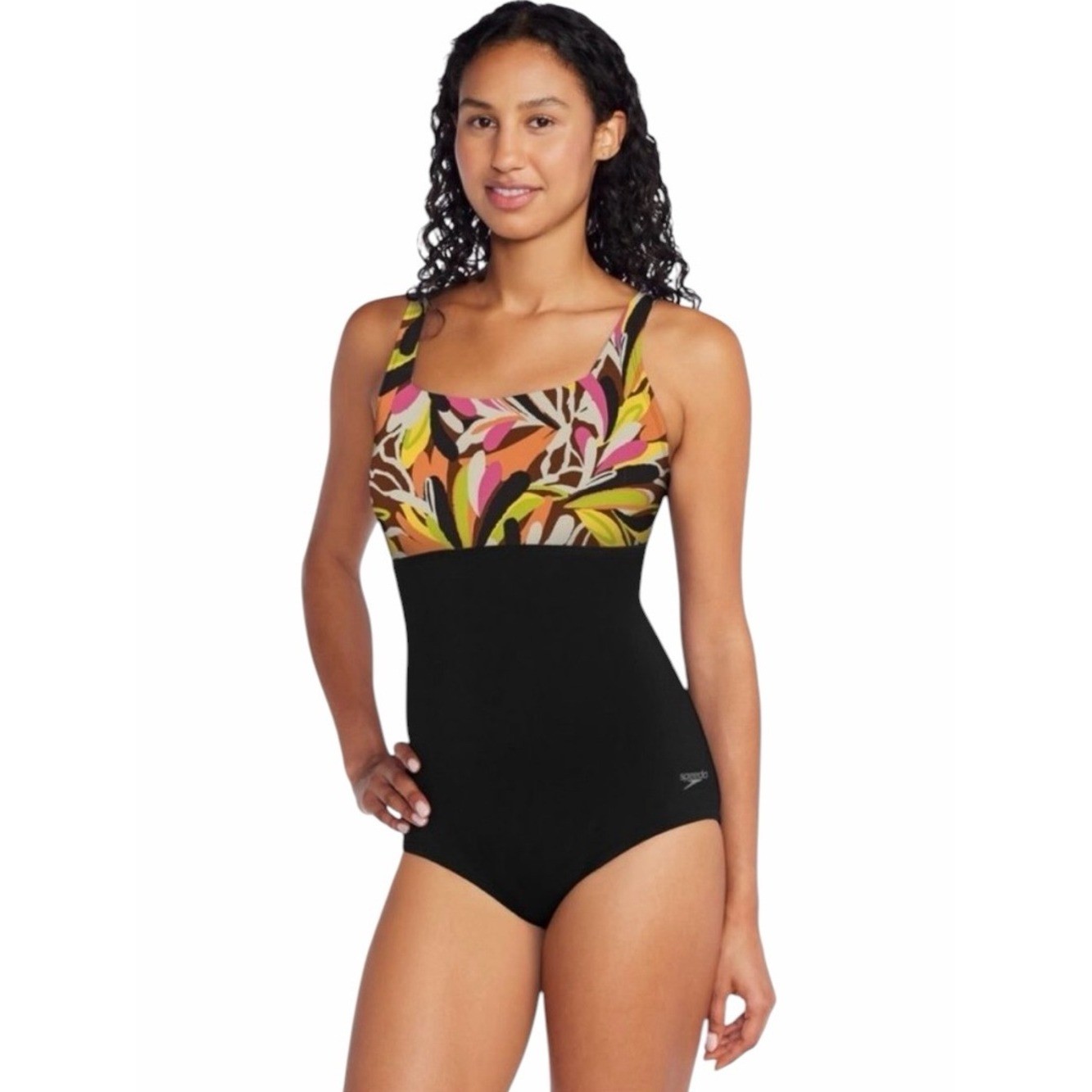 Speedo Fandango Pink Tropical Print Black Swimsuit Size 12 New