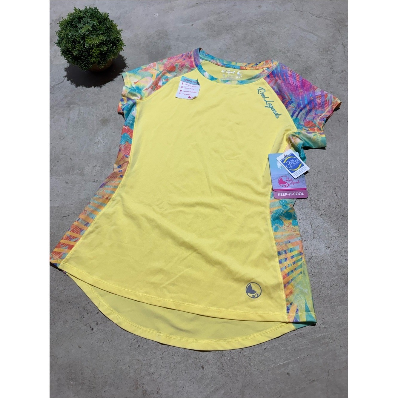 Reel Legends NWT Rash Guard Women Size Medium Yellow Tropical Short Sleeve Swim