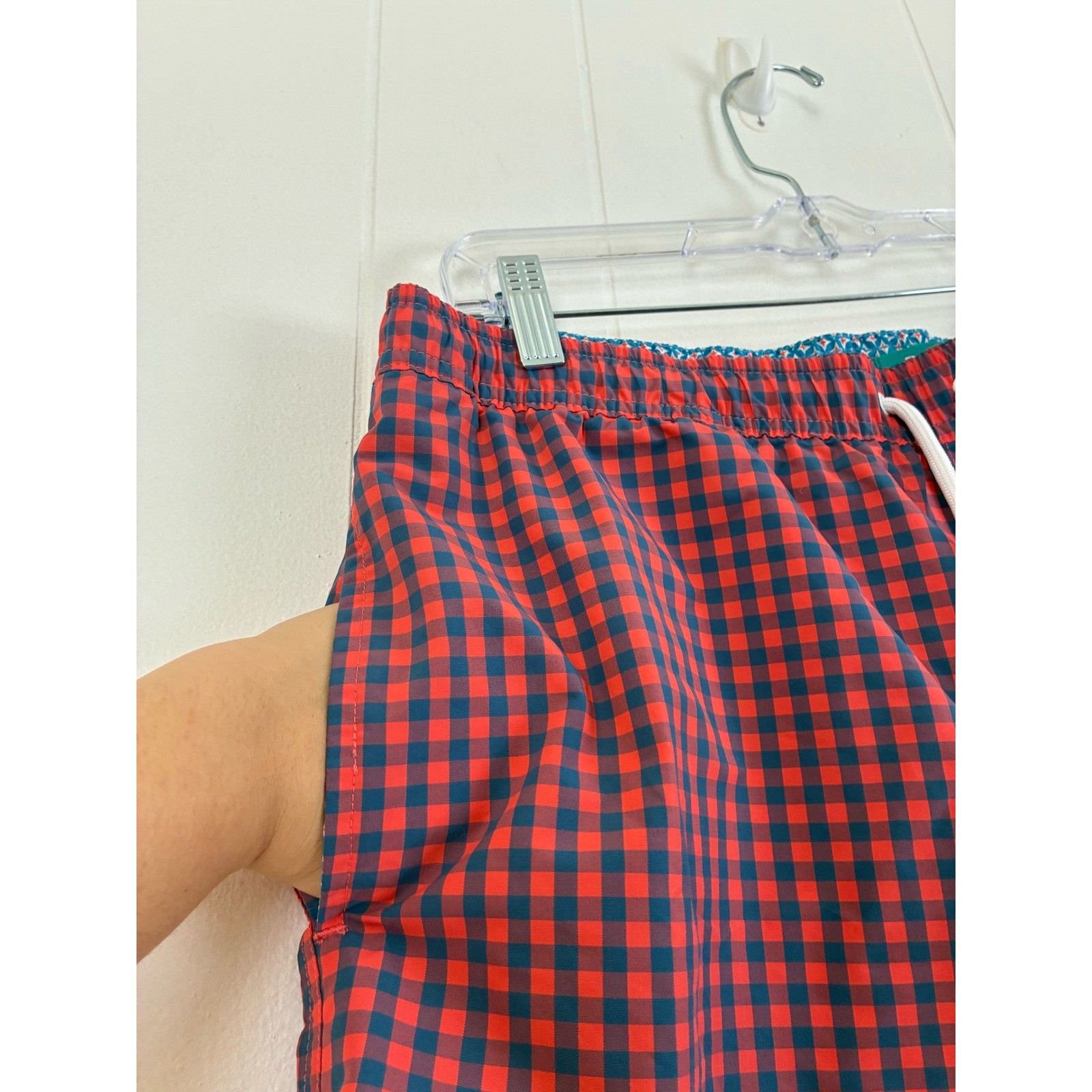 Bonobos Gingham Swim Trunks Shorts Red Navy Blue Men’s Size L 7 Inch Inseam