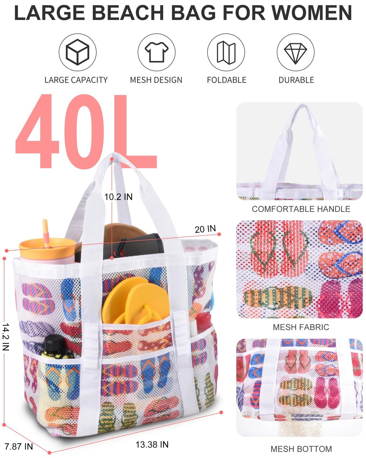 Genteen 40L Mesh Beach Bag, Foldable Sandproof Tote with Waterproof Pocket Qu…