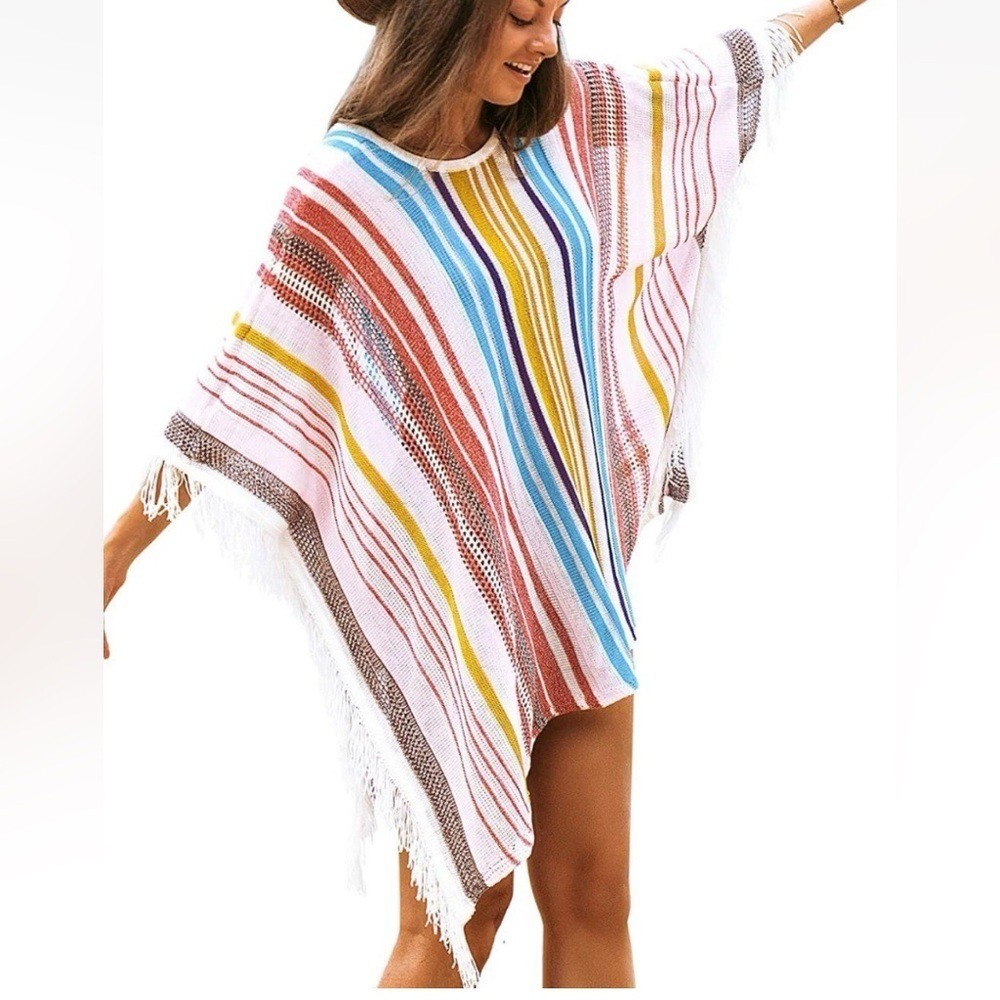Cupshe Womens Rainbow Striped Poncho EUC OS Swim Coverup No Brand or Care Tags