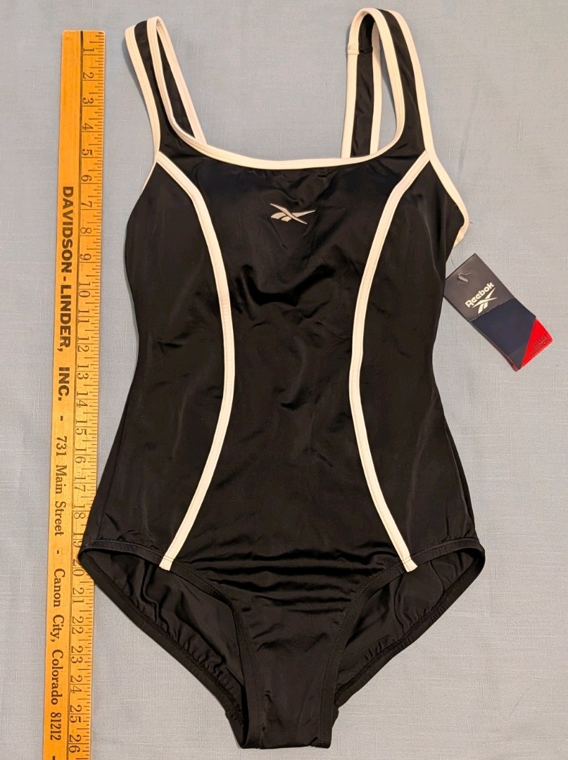 New Reebok Swim Suit Size 8 Black w/White Piping One Piece Sport Fashion NWT