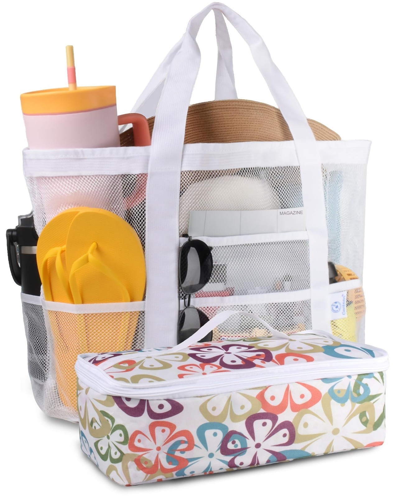Genteen Beach Bag for Women, Mesh Tote Bags with Zipper, Sandproof Vacation E…