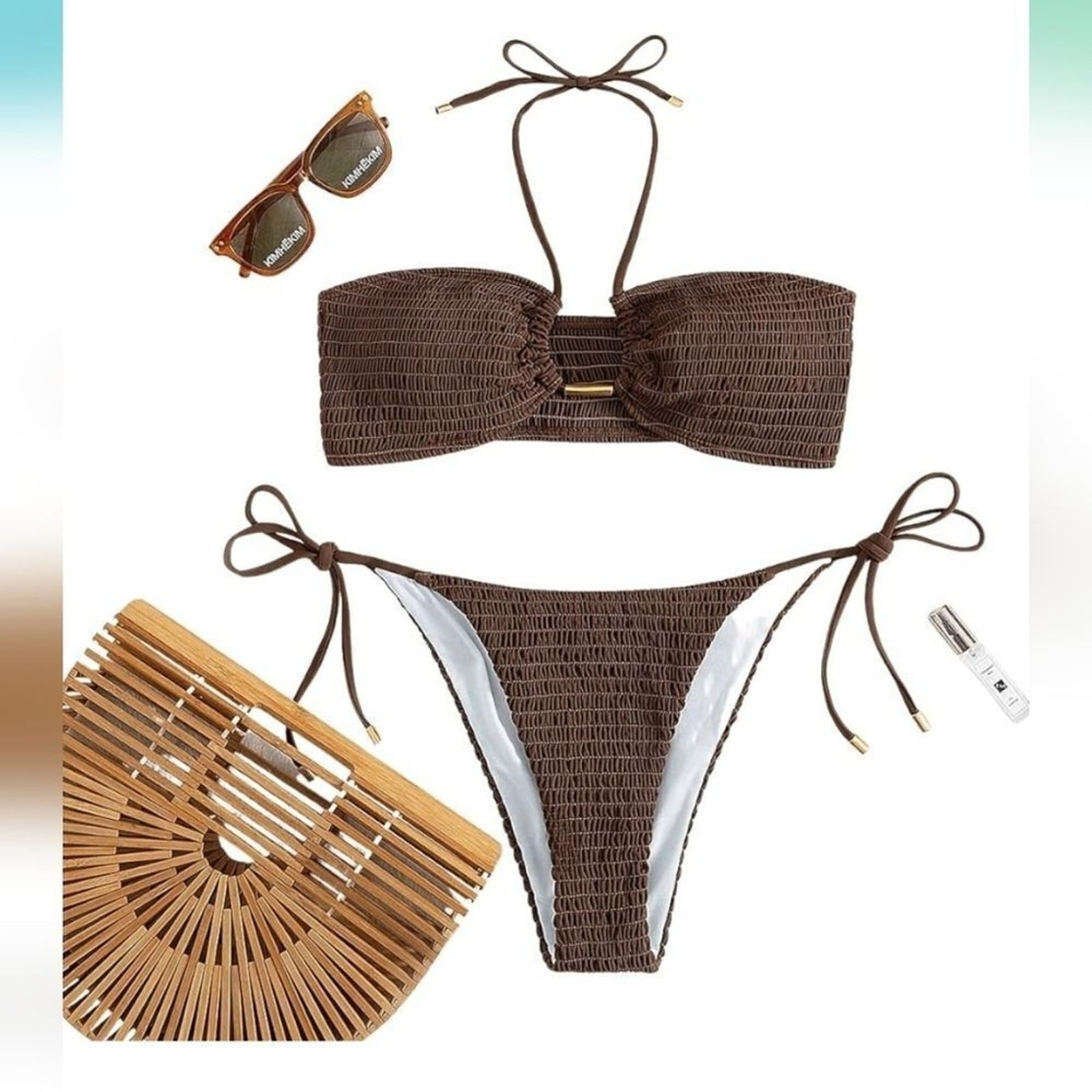 SweatyRocks Women’s 2 Piece brown Ribbed Tie Side Halter Bikini Swimsuit Medium