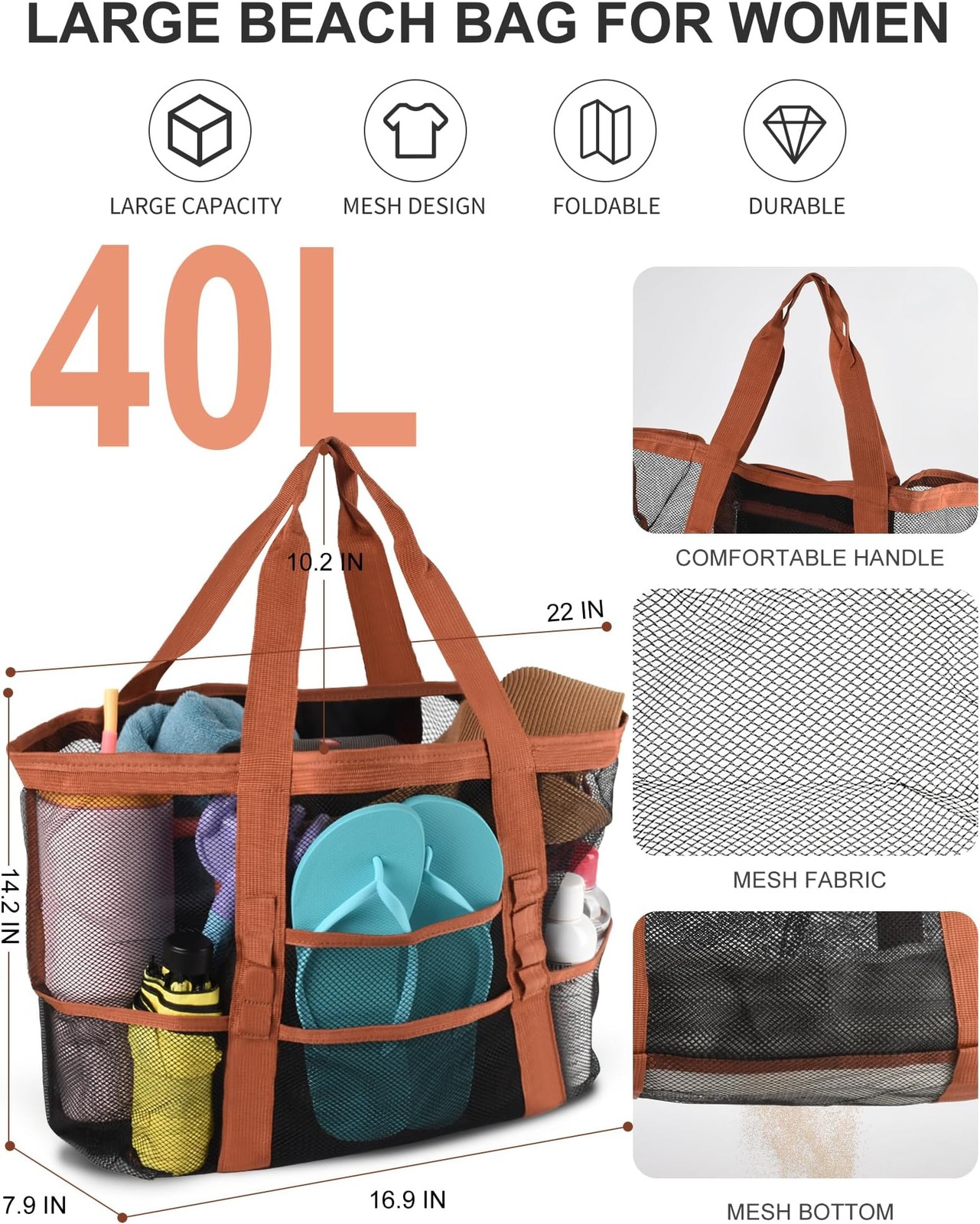 Genteen 40L Mesh Beach Bag, Foldable Sandproof Tote with Waterproof Pocket Qu…