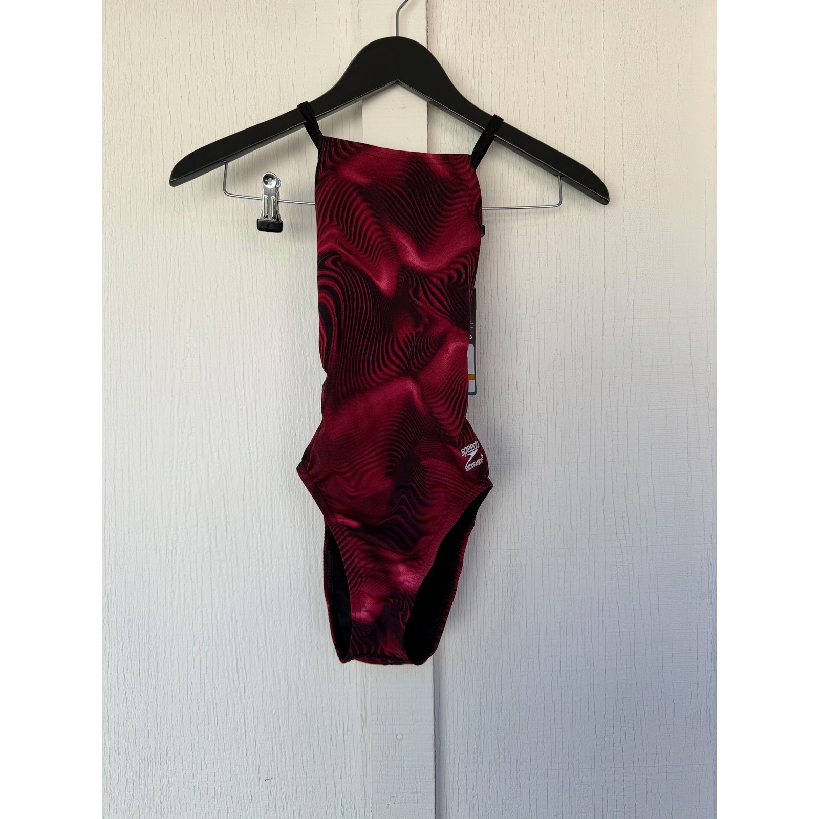 NWT Speedo Endurance+ One Piece Swimsuit Maroon Swirl Cross Back Racing Cut 24