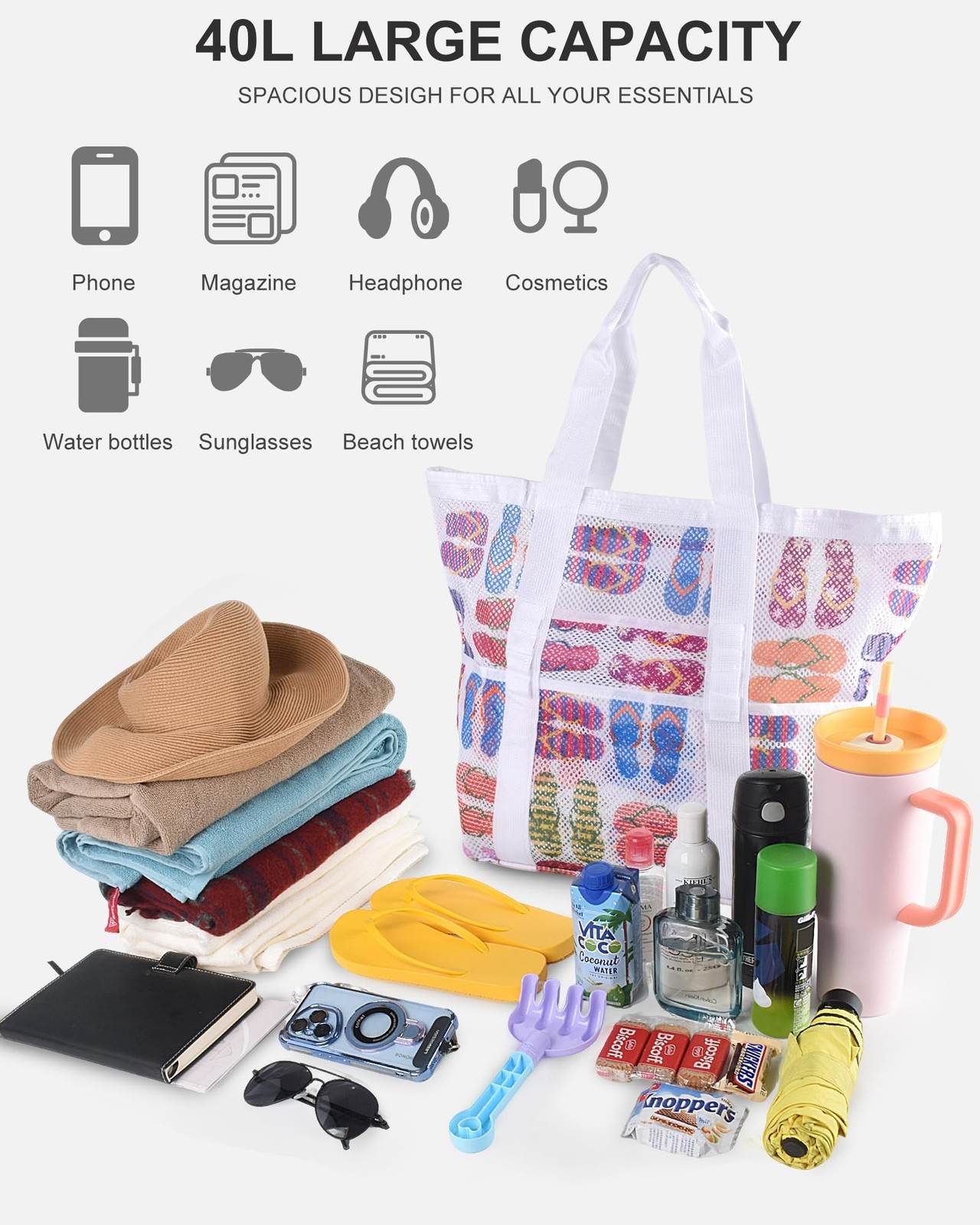 Genteen 40L Mesh Beach Bag, Foldable Sandproof Tote with Waterproof Pocket Qu…