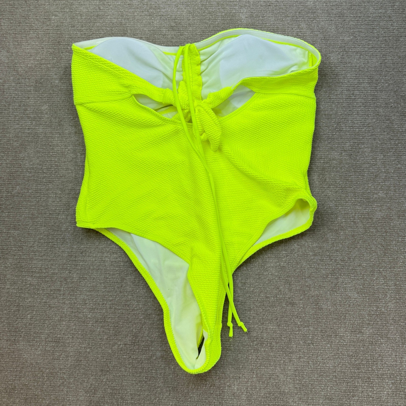 Women’s XL Neon Yellow One-Piece Strapless Swimsuit With Drawstring, Bathing Su