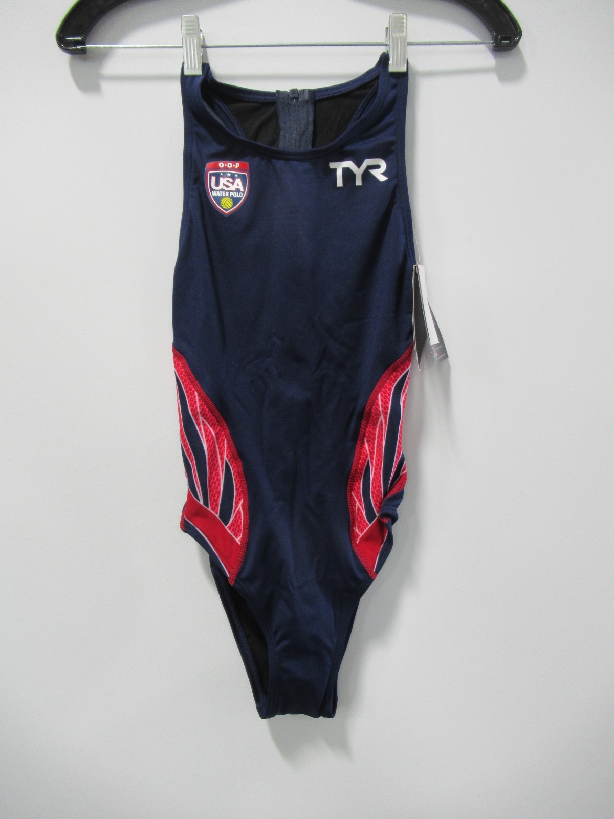 TYR Phoenix USA Logo Destroyer Blue Red Water 1-Piece Polo Swimsuit Womens Sz 34