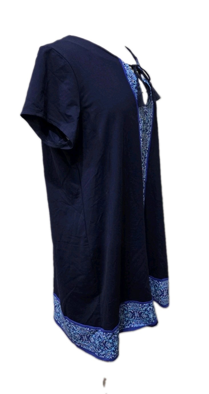 Lands End Size L Swim Dress Cover Up Navy Blue Medallion Floral Trim Tassels