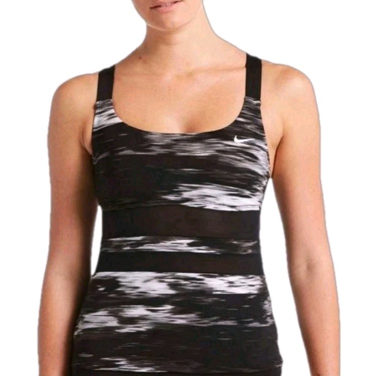 Nike Women’s Blur V-Neck Tankini Size M Support Swim /Athletic Top Black White