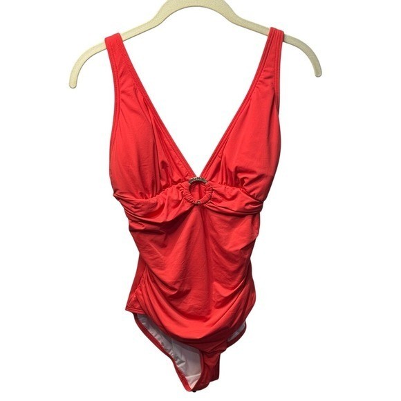 Michael Kors Womens Red V-Neck Ruched One Piece Swimsuit Gold Logo Ring Size 10