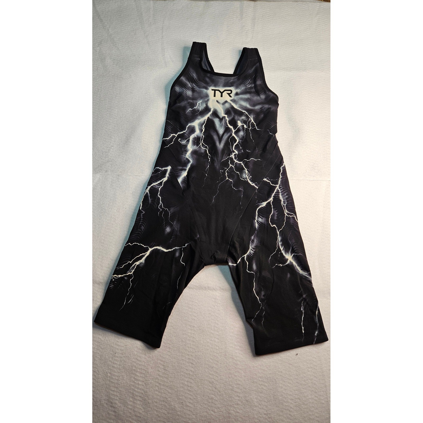 TYR Venzo Phantom Open Back Kneeskin Technical Swimsuit Lightning Black White 26