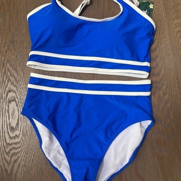 BMJL Womens Royal Blue White Trim High Waist Bikini Set Size M