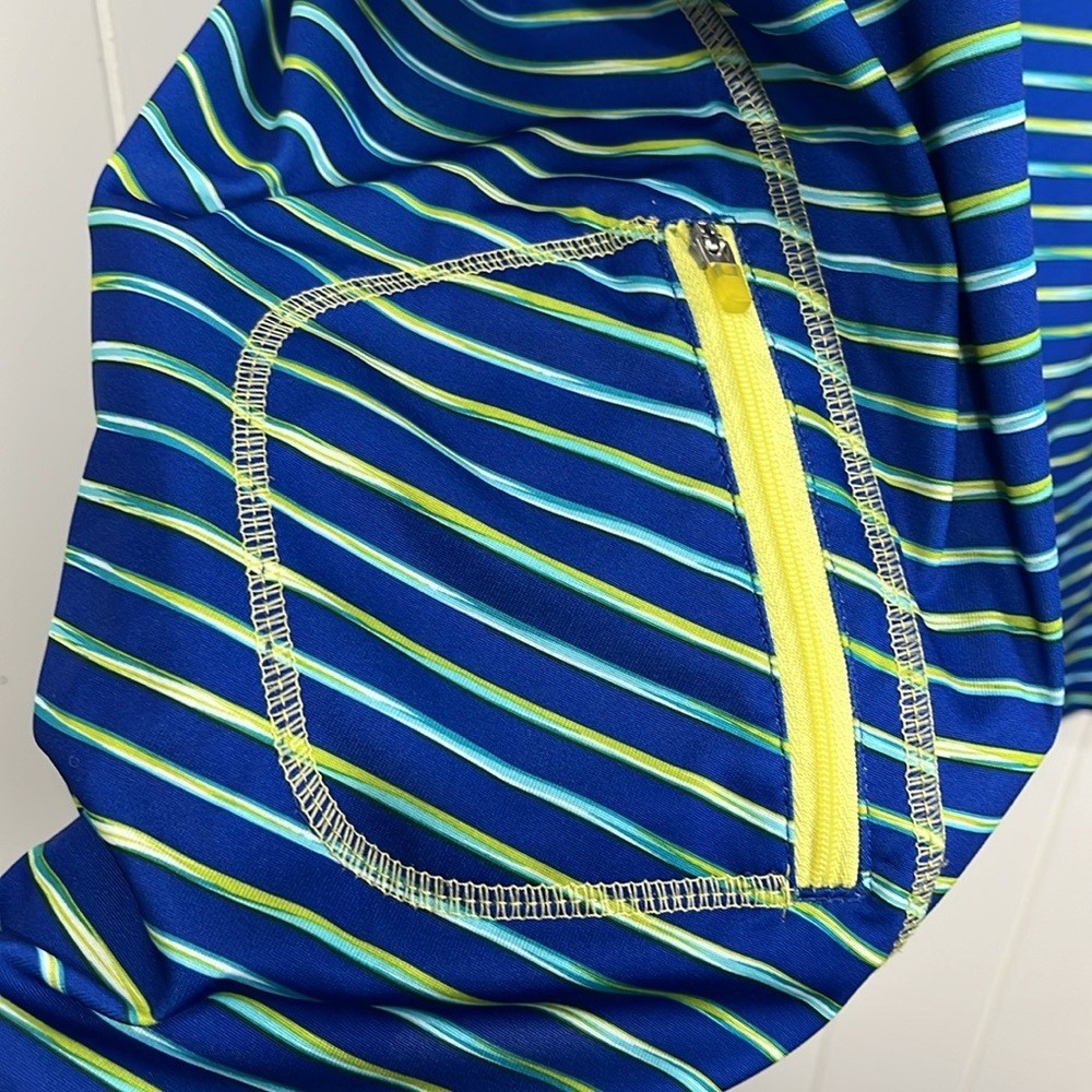 Reel Legends Womens Rash Guard 2X Blue Lime Stripes Stretch Zip Pocket 100% Poly