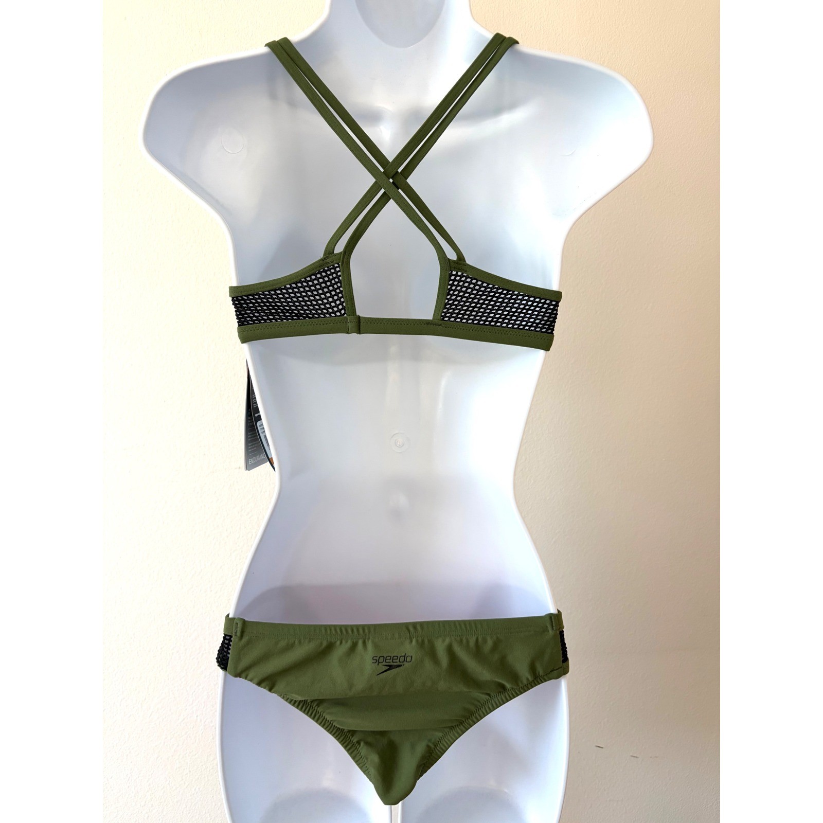 Speedo Athletic Turnz Endurance Practice Bikini Mesh Strappy Swim Set Olive Sz S