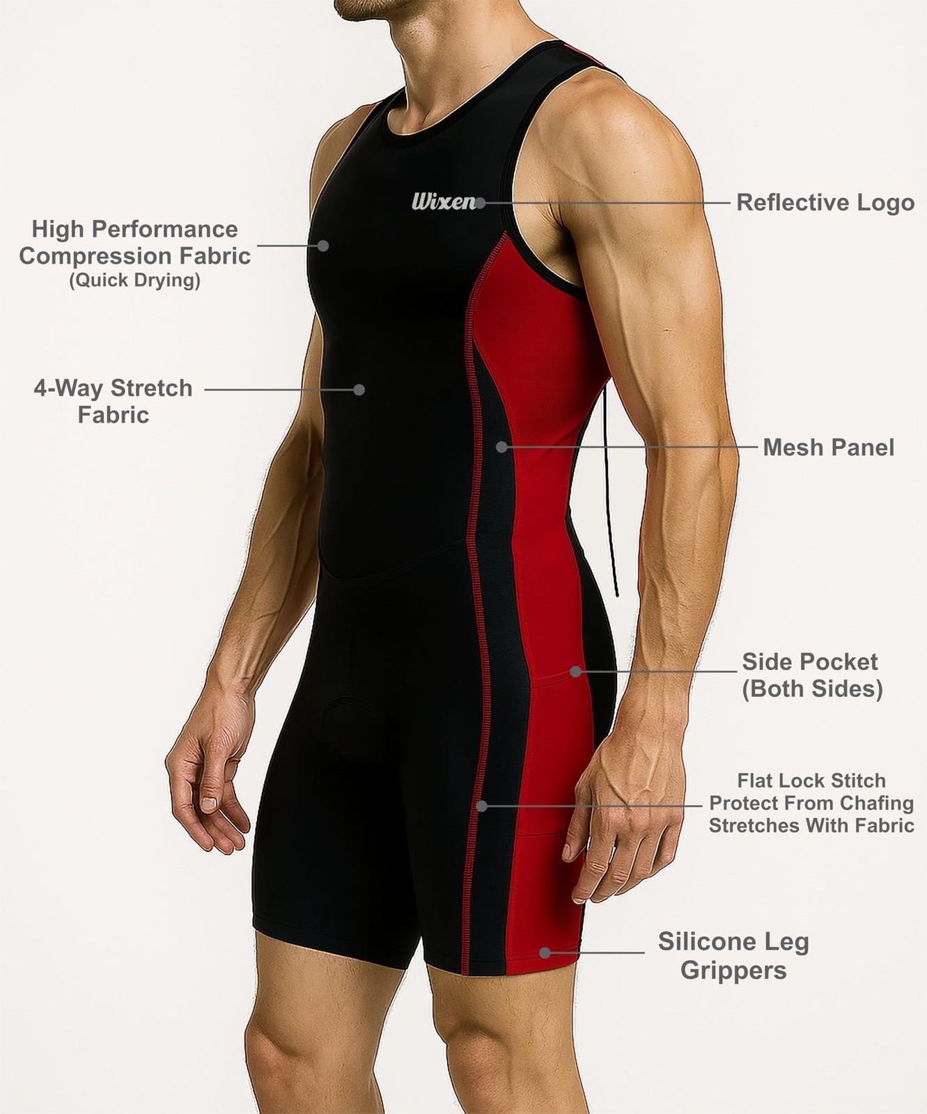 Wixen Men’s Triathlon Suit – Padded One-Piece Sleeveless Trisuit with Rear Zi…