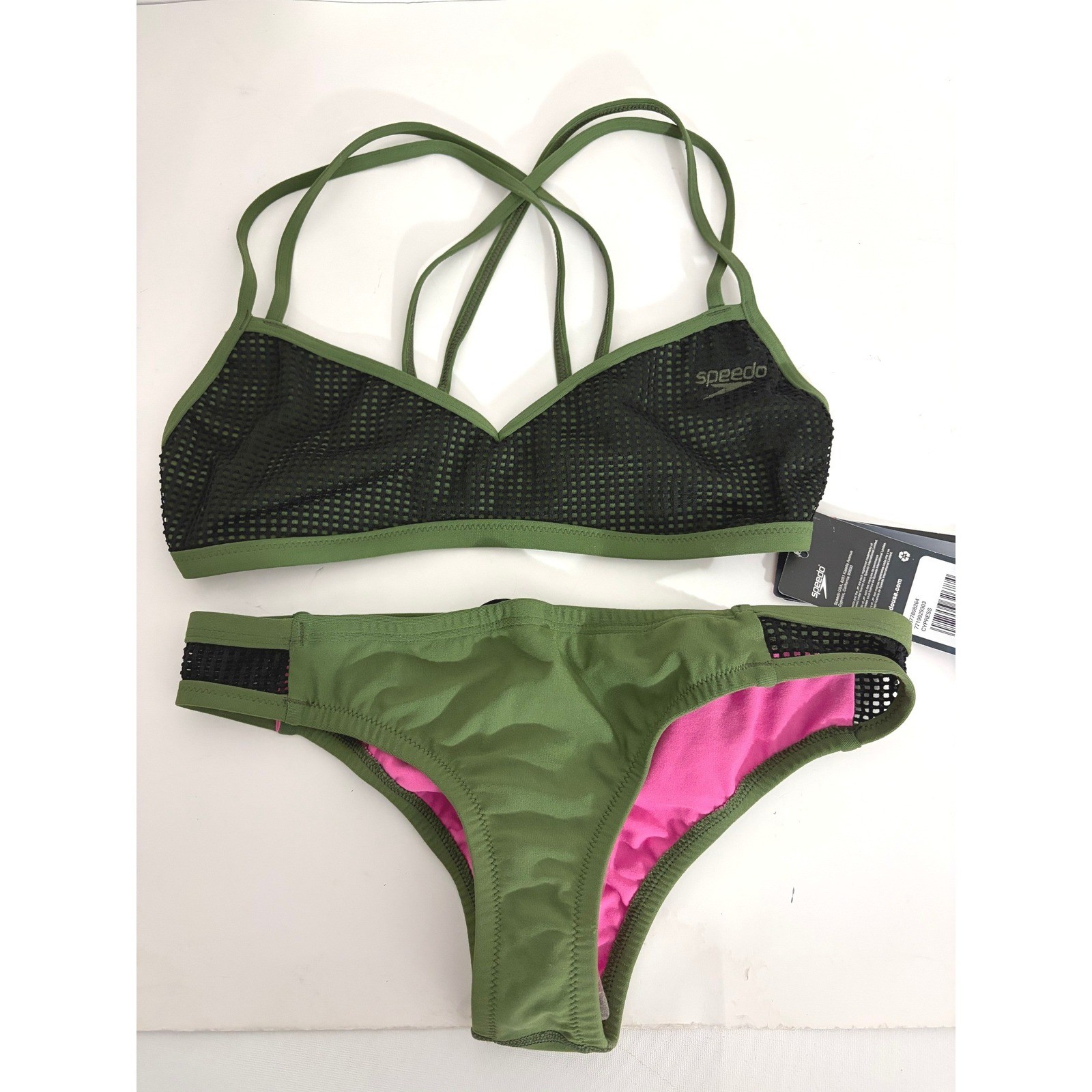 Speedo Athletic Turnz Endurance Practice Bikini Mesh Strappy Swim Set Olive Sz S