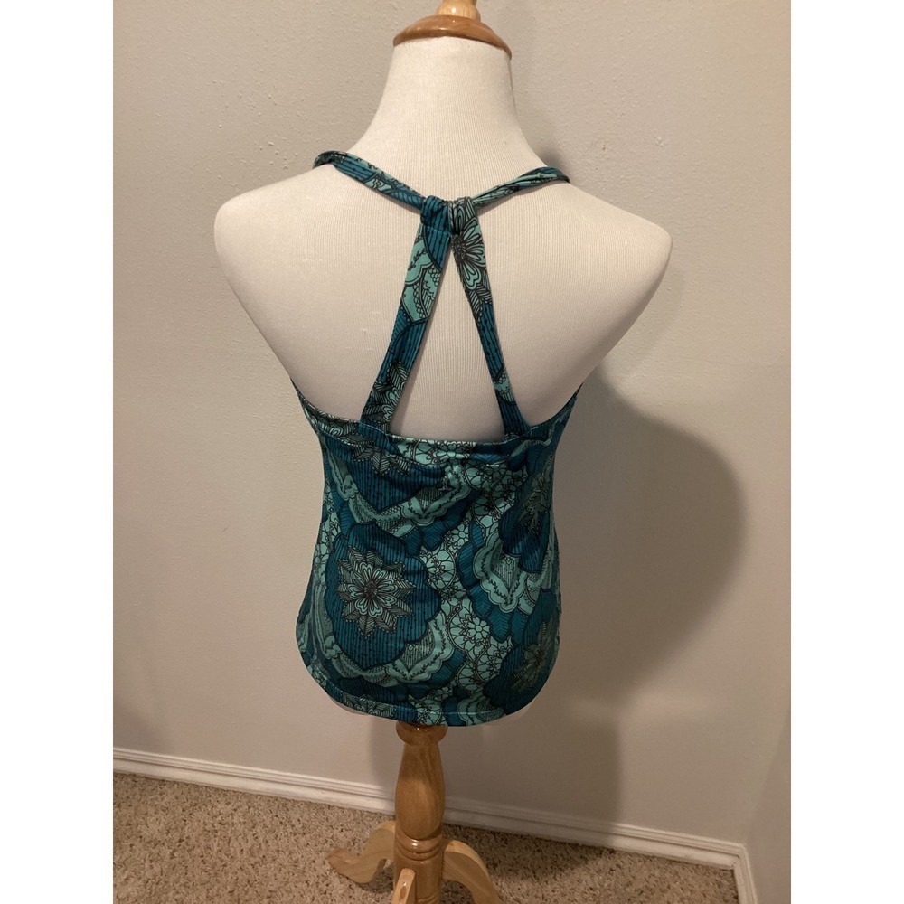 Prana Teal Floral Mandala Halter T-Back Swim Tankini Top Built-in Bra Womens L