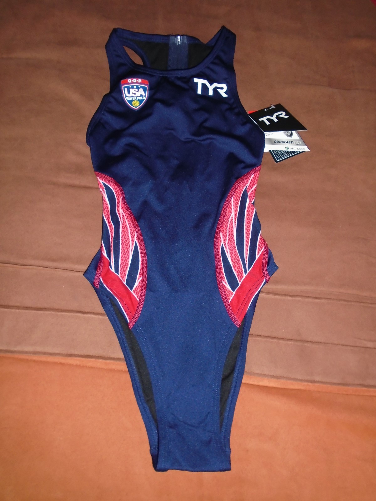 TYR Phoenix USA Logo Destroyer Blue Red Water 1-Piece Polo Swimsuit Womens Sz 26