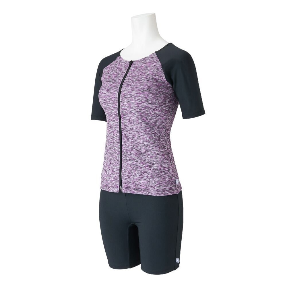 Mizuno Women’s Aqua Fitness Two-Piece Swimsuit anti-roll button Pink Front-Zip