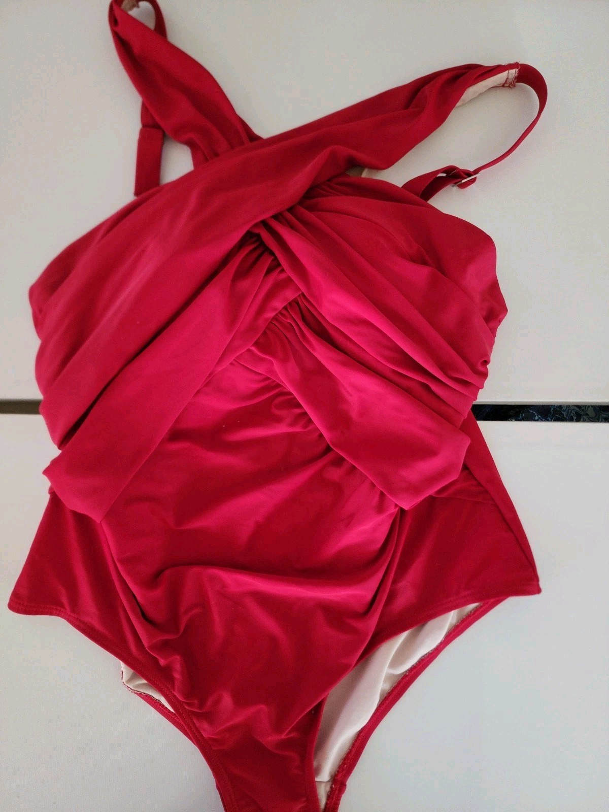 Vintage Red Halter One Piece Swimsuit Twist Front Open Back Back Padded 20