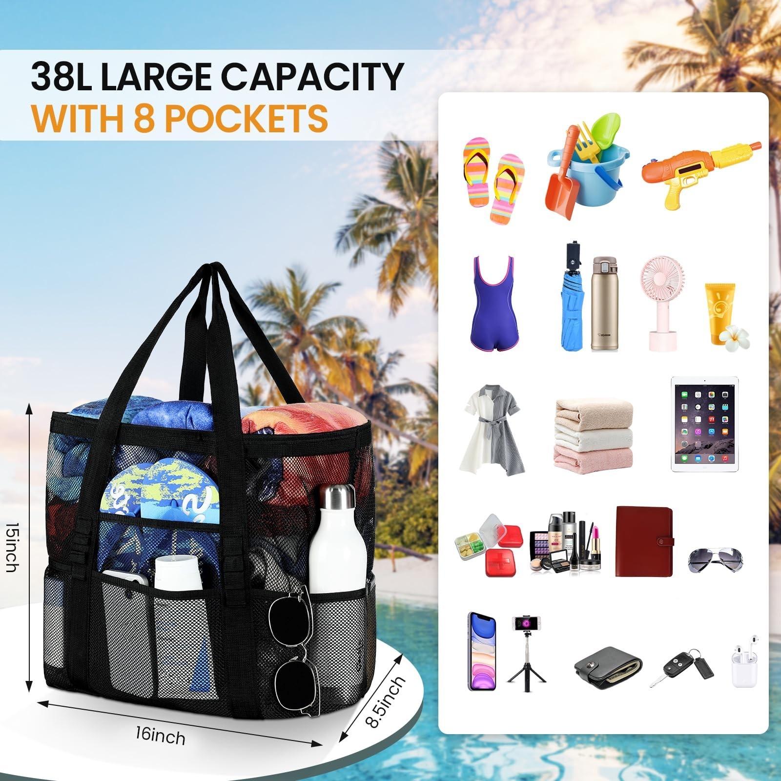 Tavaleu Mesh Beach Bag – Large Beach Tote with Multi Functional Pockets for F…