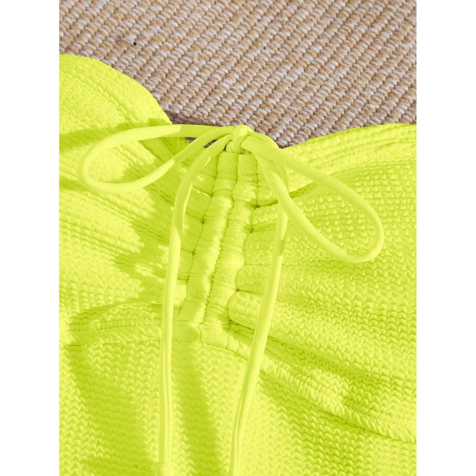 Women’s XL Neon Yellow One-Piece Strapless Swimsuit With Drawstring, Bathing Su