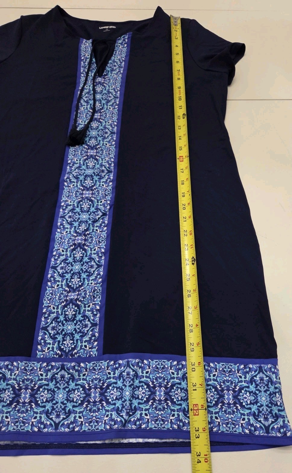 Lands End Size L Swim Dress Cover Up Navy Blue Medallion Floral Trim Tassels