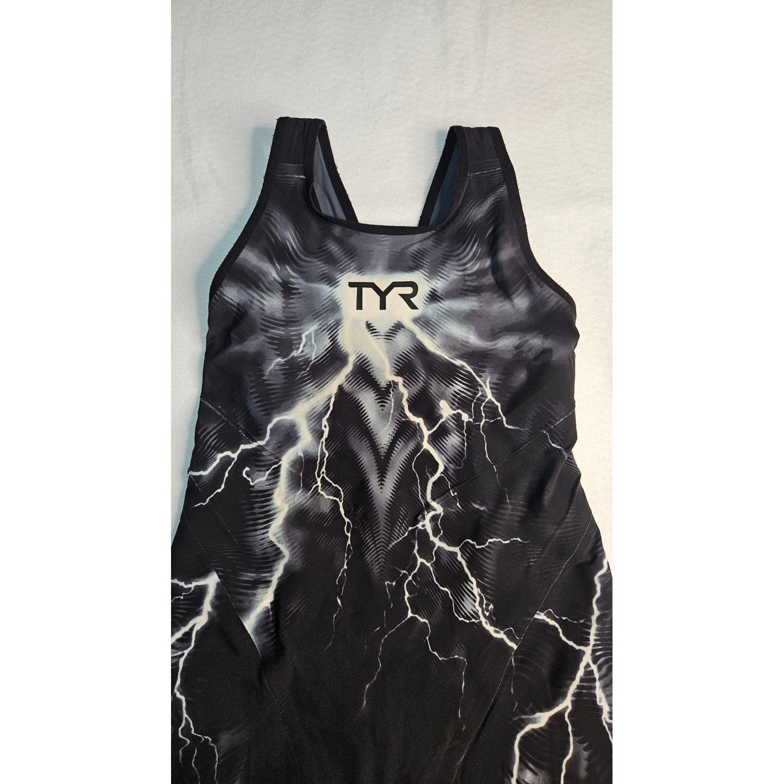 TYR Venzo Phantom Open Back Kneeskin Technical Swimsuit Lightning Black White 26