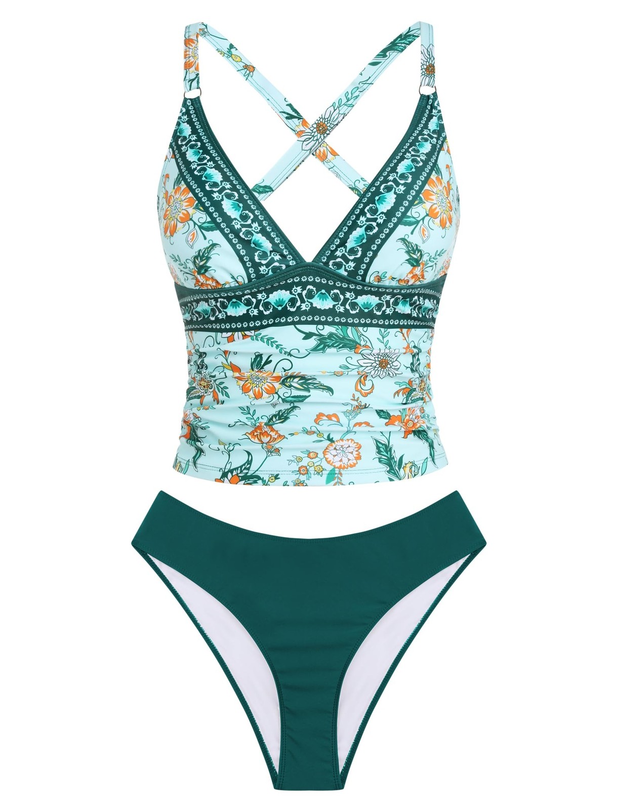 ZAFUL Tankini Sets for Women Tummy Control Ruched Push Up V Neck Tops Mid Wai…