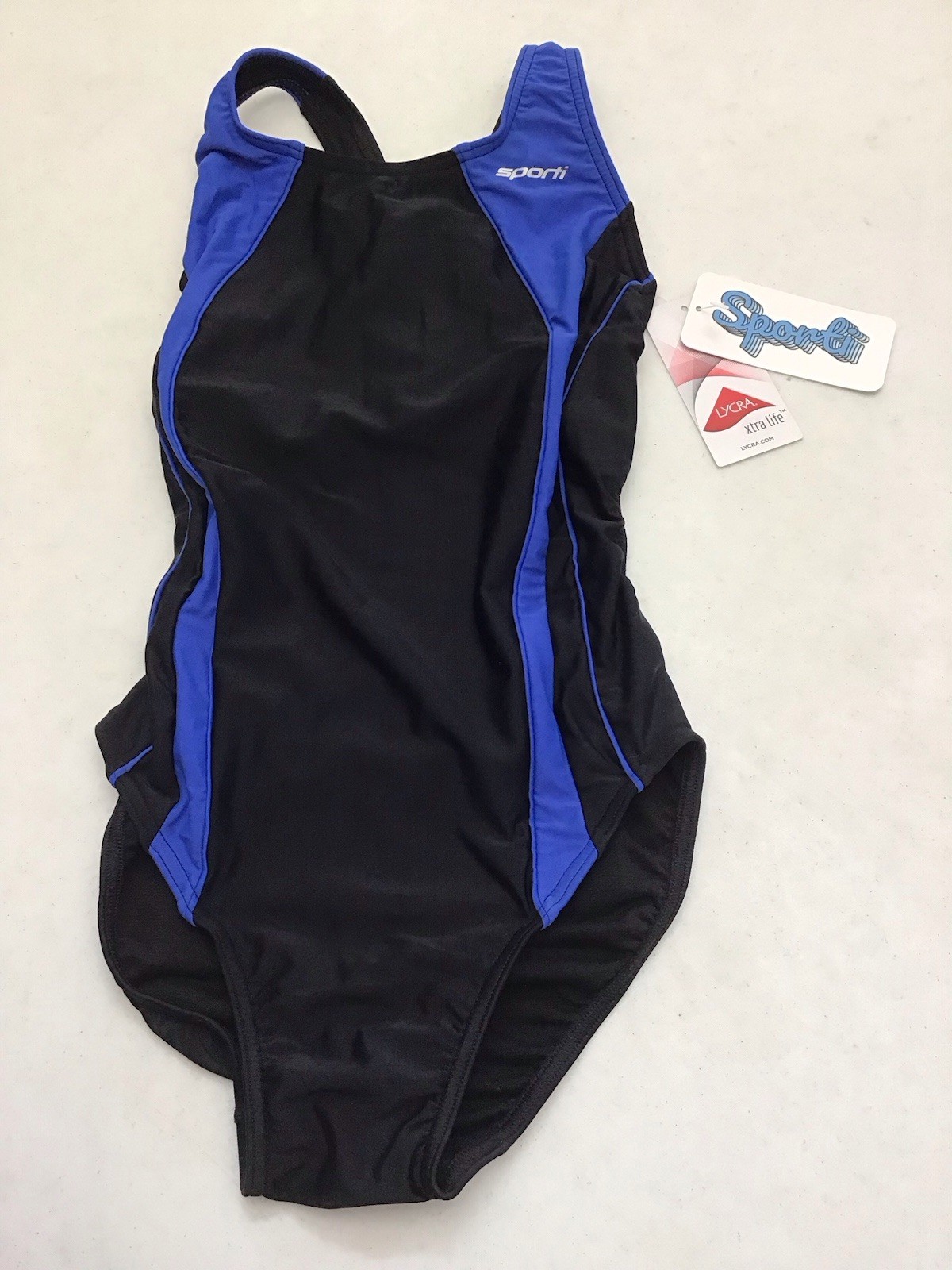 Sporti Solid Piped Wide Strap 1 Pc Swimsuit Black Lycra Xtra Life Sz 32 (C20-23)