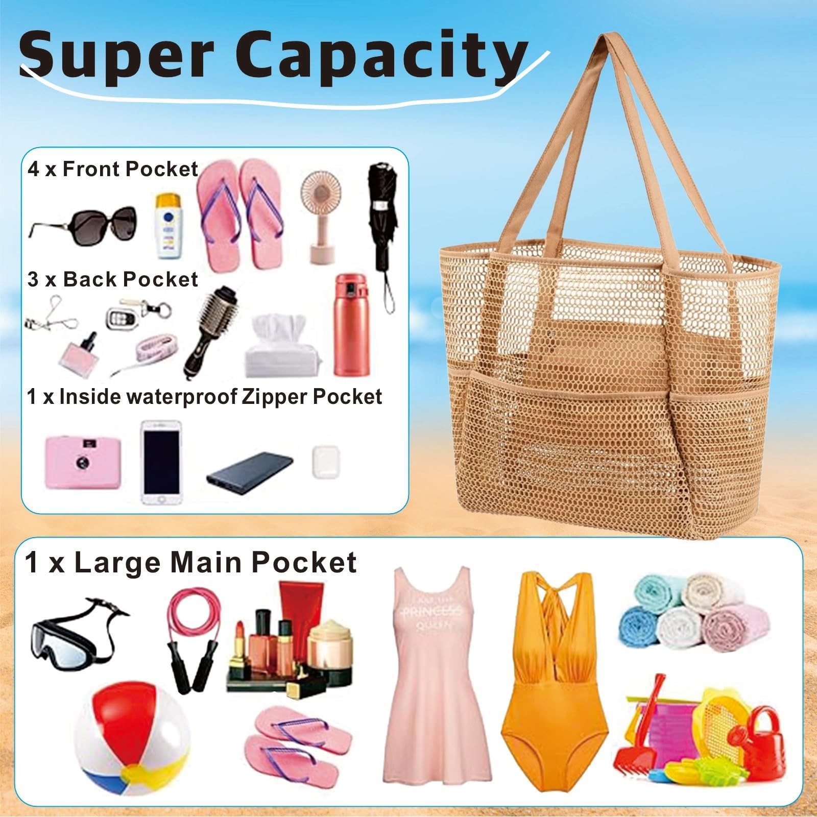 Mesh Beach Tote with Zipper Pockets,with a pair of Sunglasses Large Beige