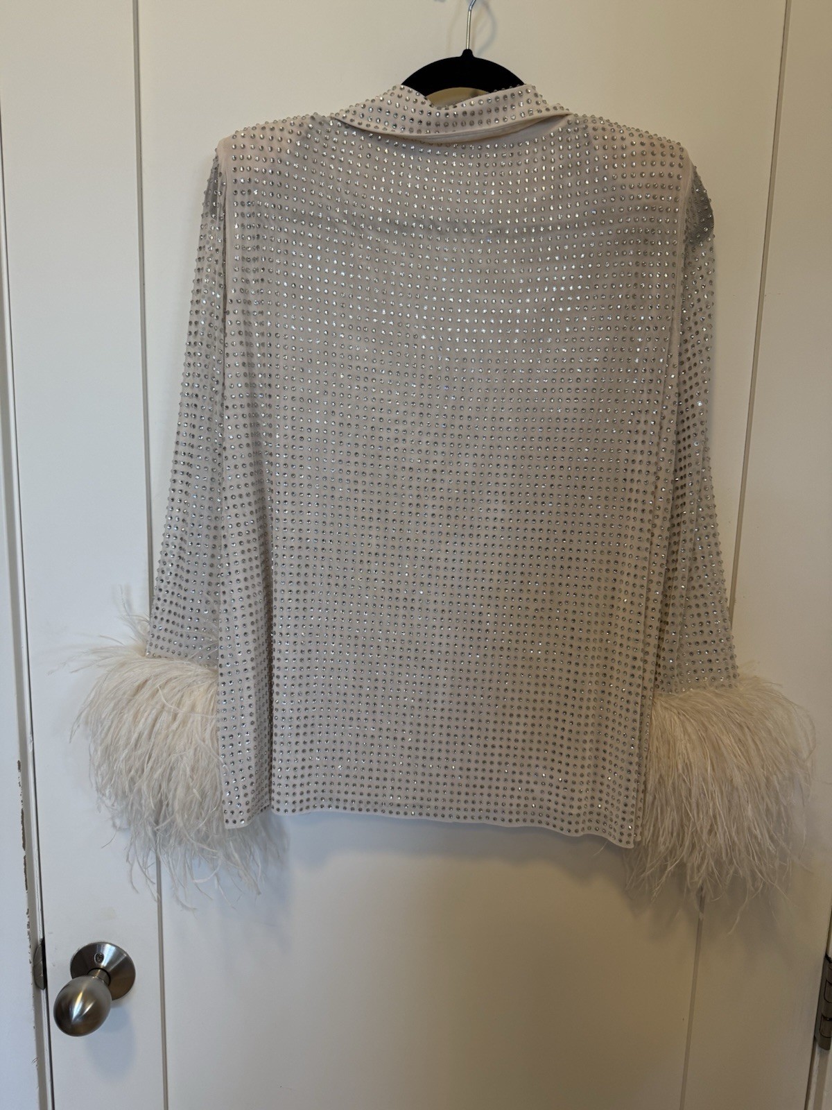 NWOT Self-Portrait Cream Rhinestone Mesh Feather Trimmed Shirt US6 $530