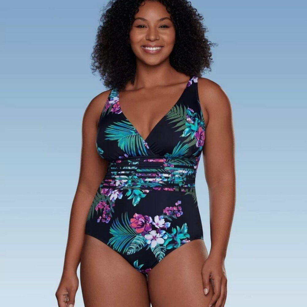 Waist Detail Over the Shoulder One Piece Swimsuit – Aqua Green® Black Foral XL