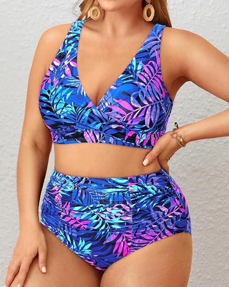 High Waisted Bikini Set Sport Bra Scoop Neck Swimsuit Plus Size 22W New