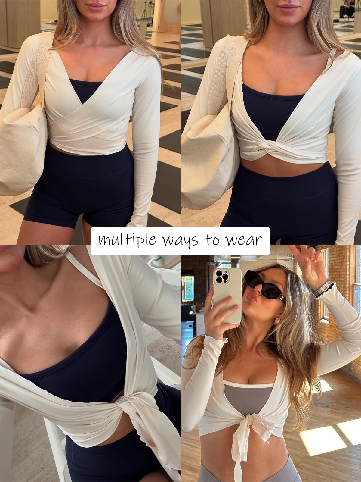Laslulu Womens White Pilates Wrap Top Long Sleeve Workout Tops Bolero Shrugs