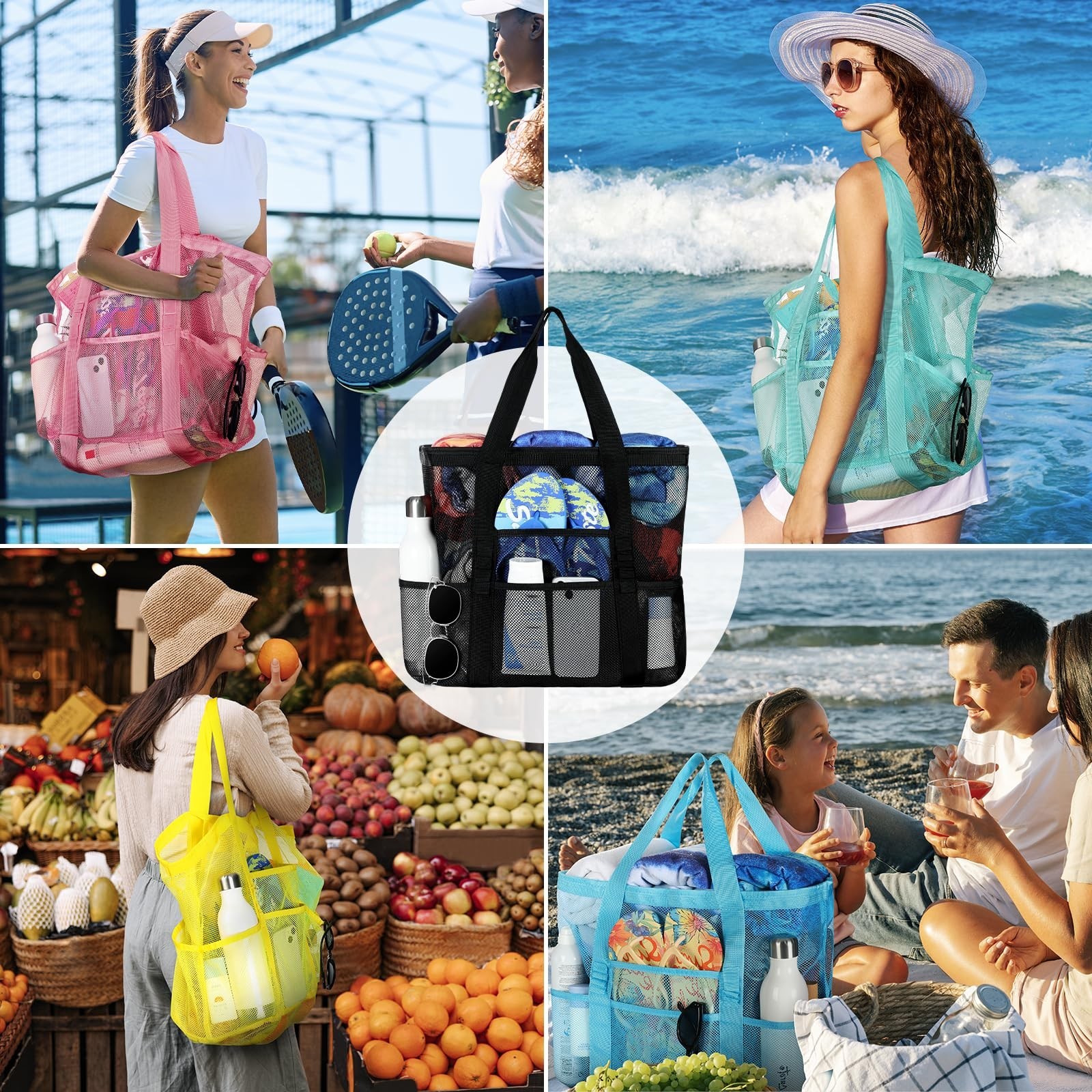 Tavaleu Mesh Beach Bag – Large Beach Tote with Multi Functional Pockets for F…