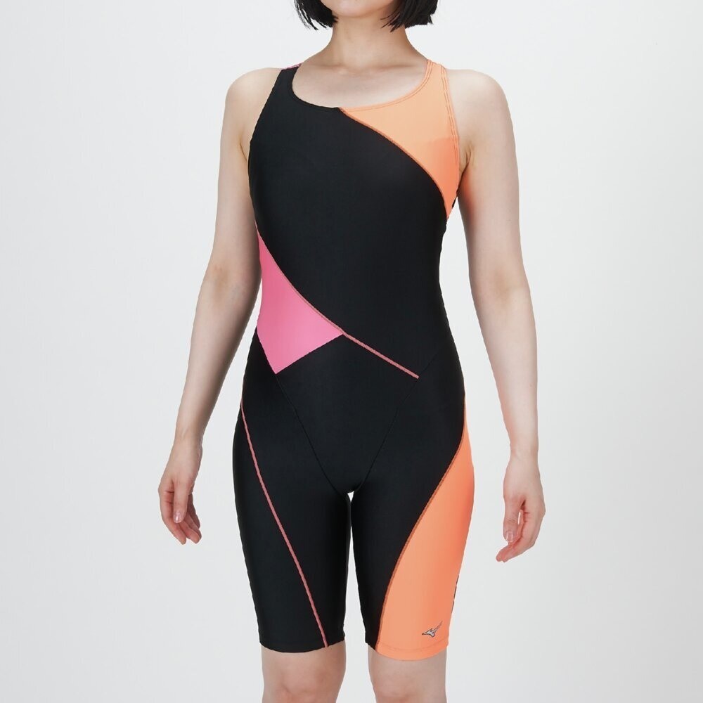 Mizuno Women’s Swim Fitness All-in-One Swimsuit Two-Tone Design Black/Orange