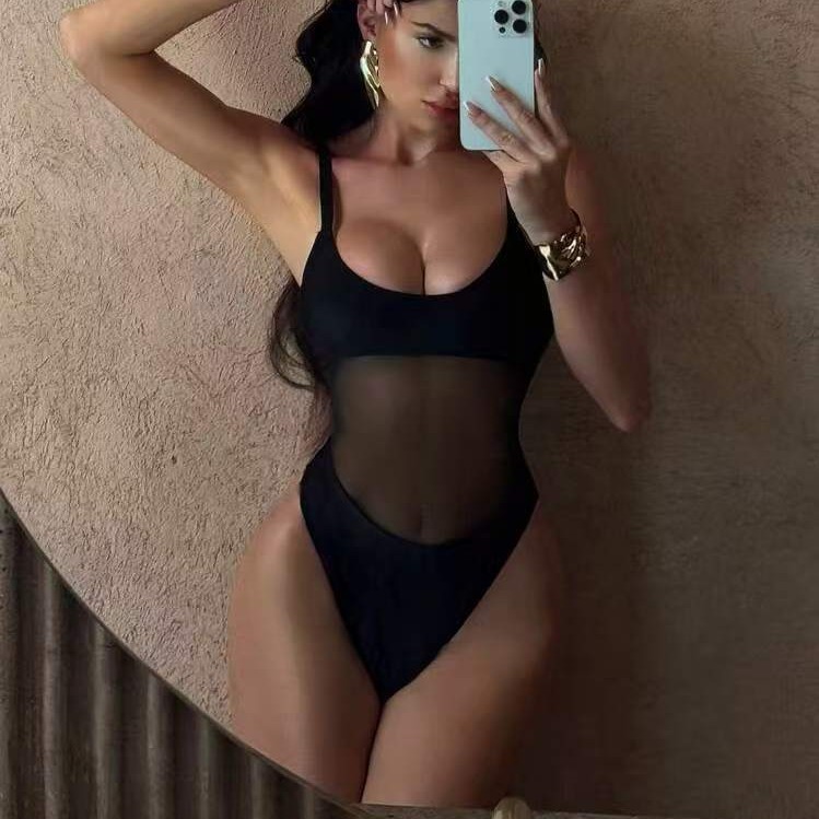 Women One-Piece Swimsuit, Printed Mesh Patchwork Bikini