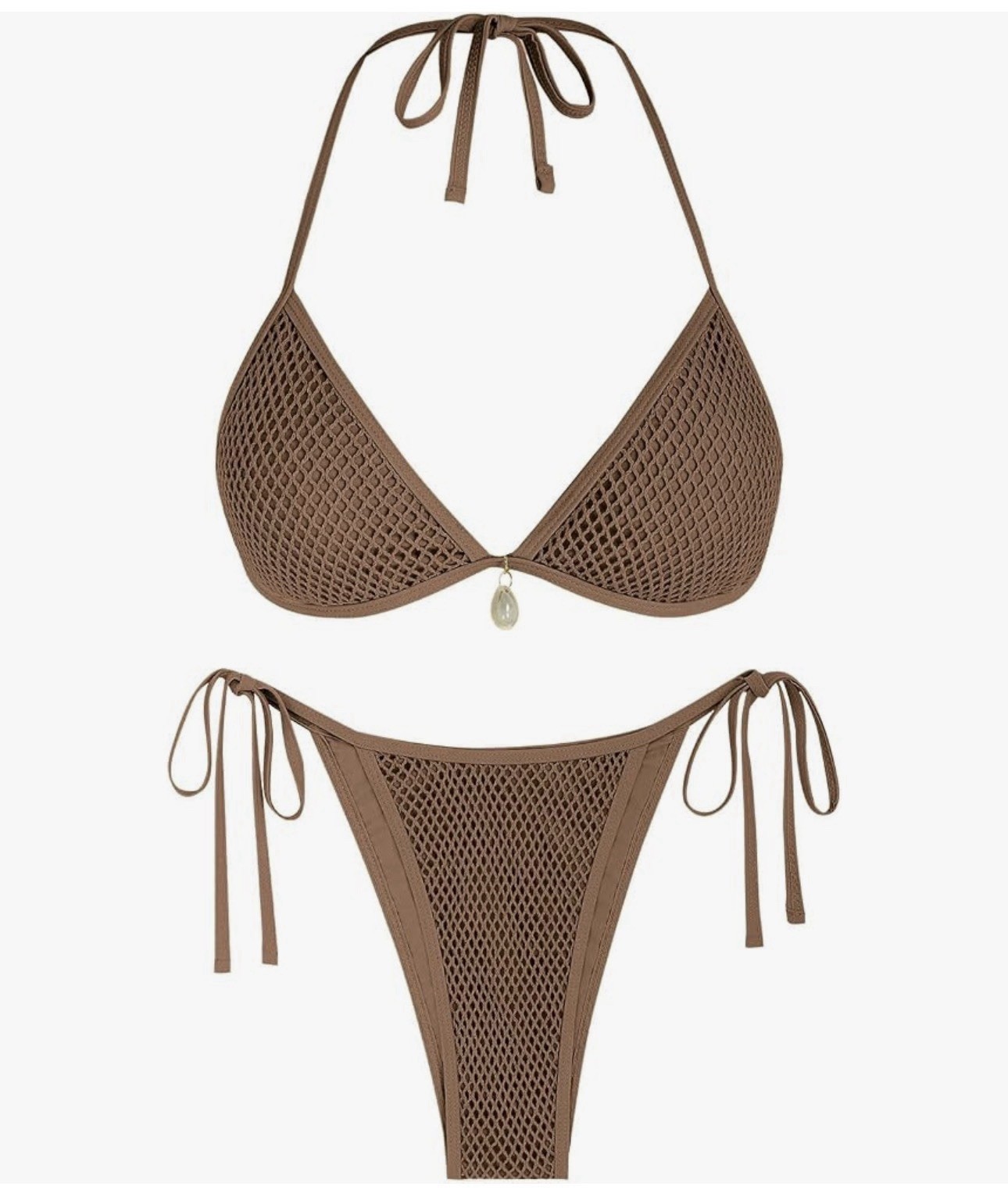 Women’s Halter Bikini Set Fishnet Tie Side High Cut Overlay Large