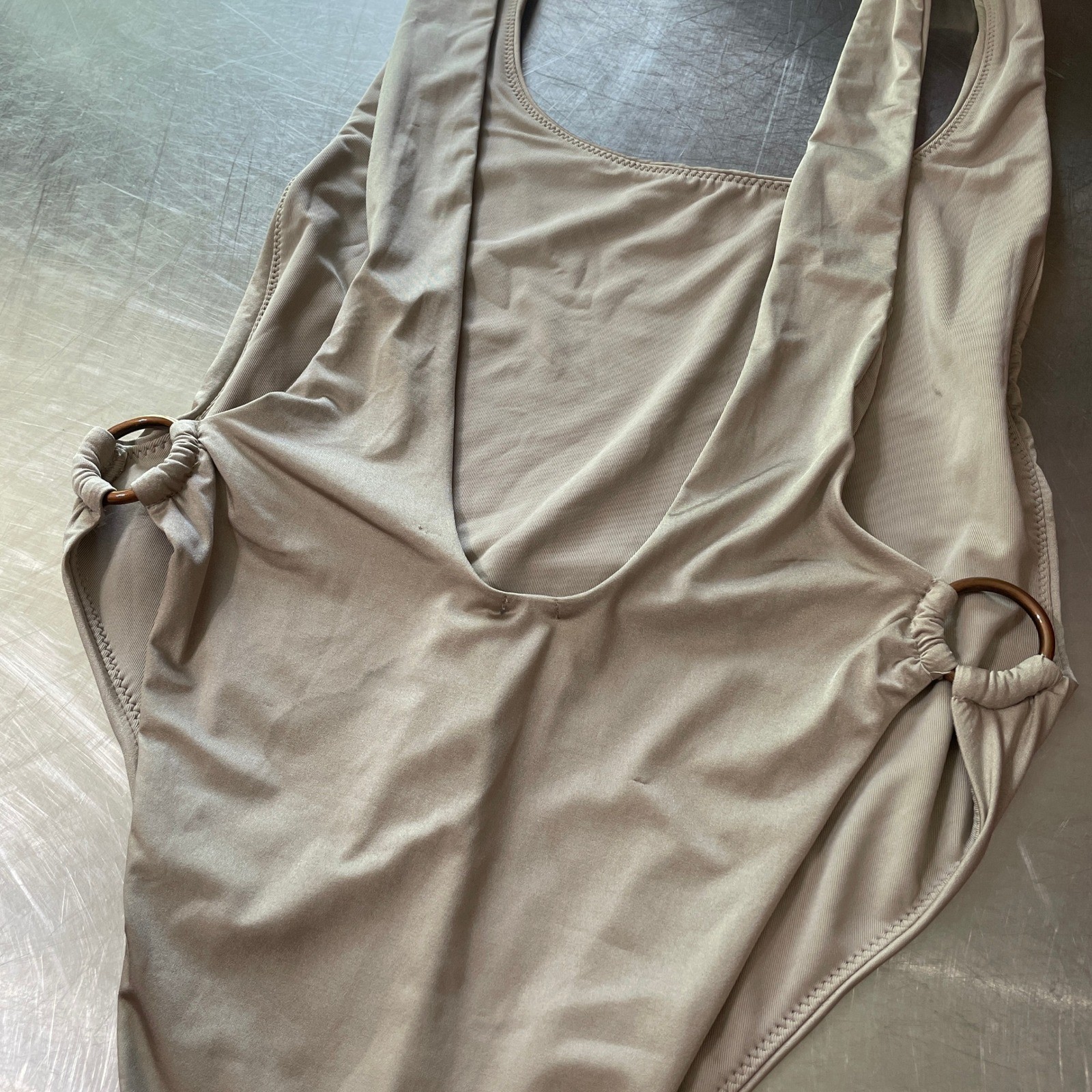 Aerie One Piece Swimsuit Small Beige Ring Detail Deep V Back High Cut NWT