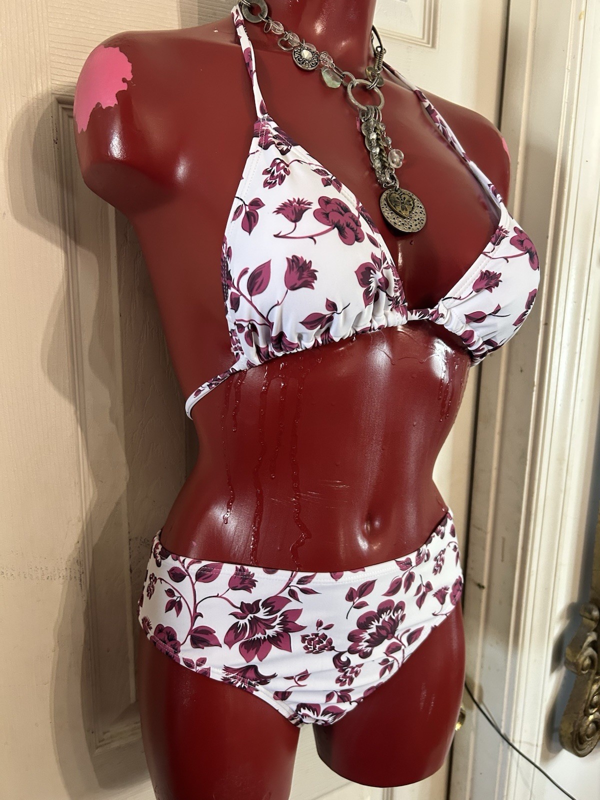 SHEIN 3 PIECE BIKINI SET W/ SKIRT – SIZE S – FLORAL BURGUNDY MULTI PRINT SWIM
