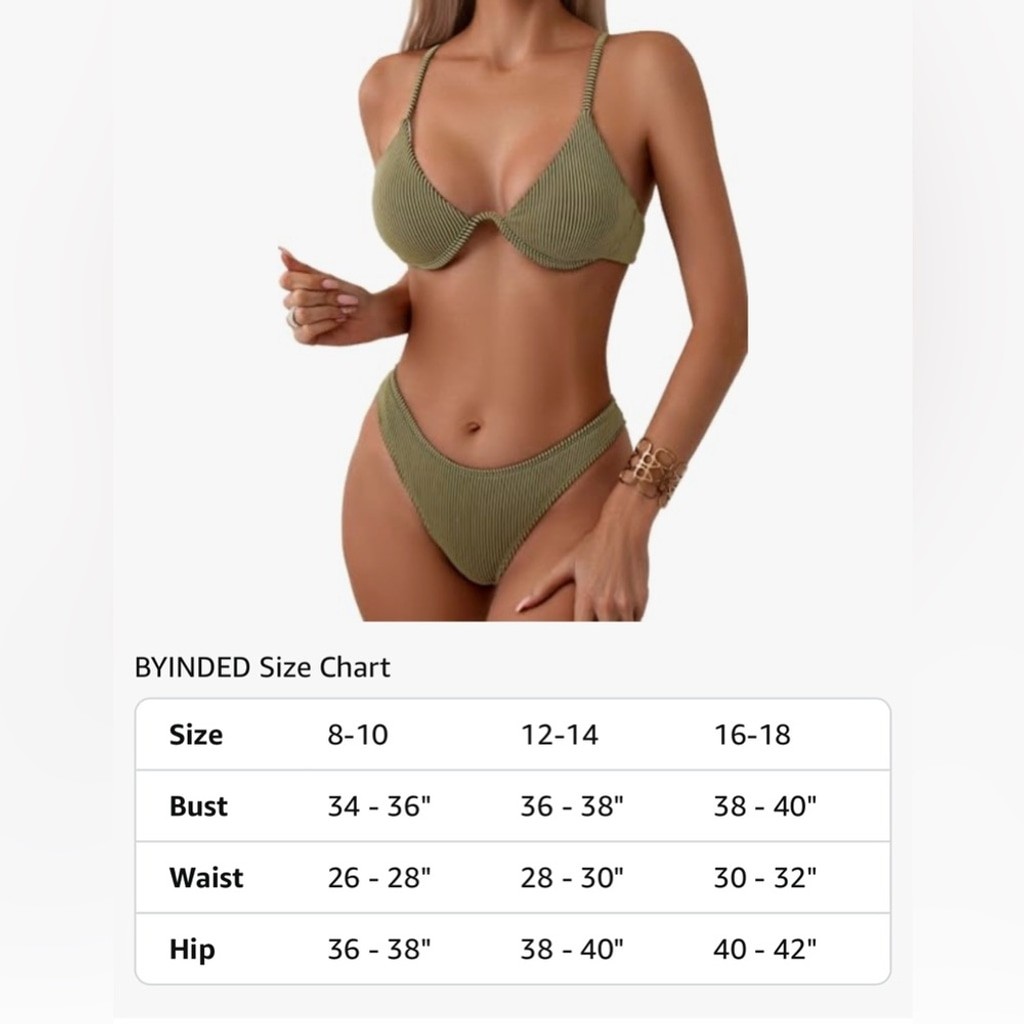 NEW 2 Pc Green Ribbed Underwire Thong Triangle Bikini Bathing Swimsuit M 8/10