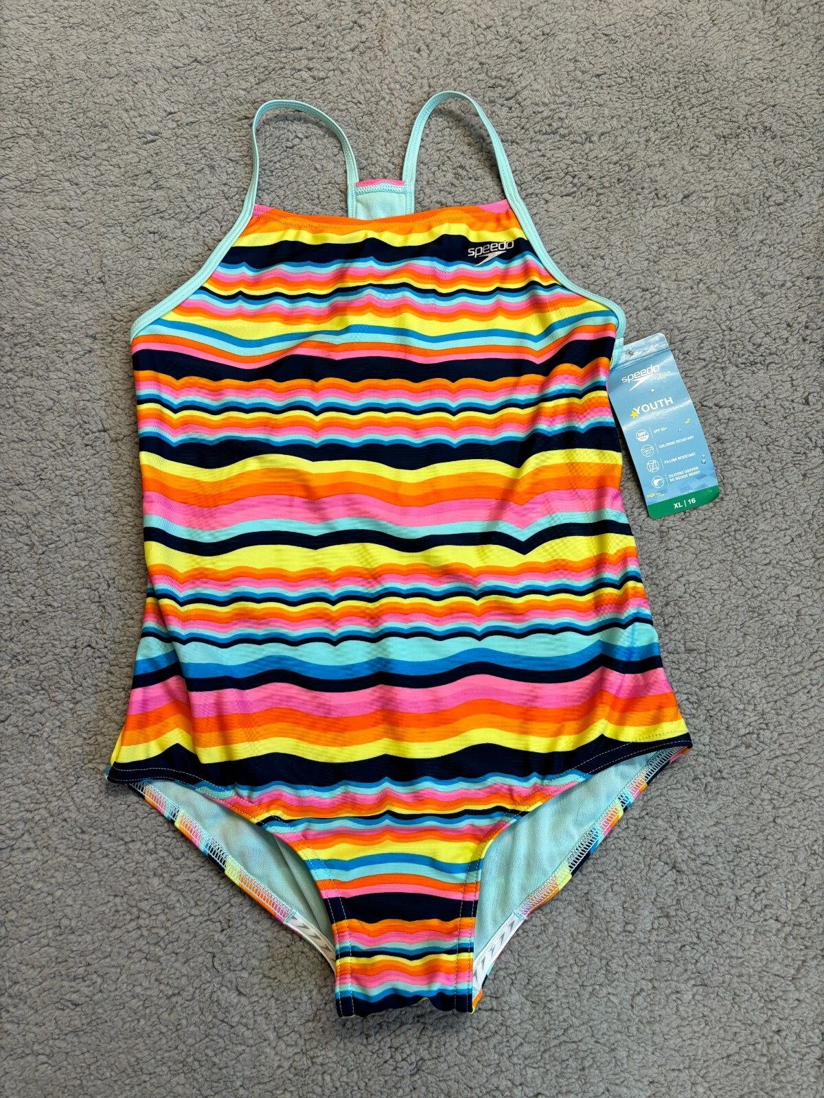 Speedo Girls Thin Strap One Piece Swimsuit. Color-Rainbow, YouthXL (16). NWT’s.