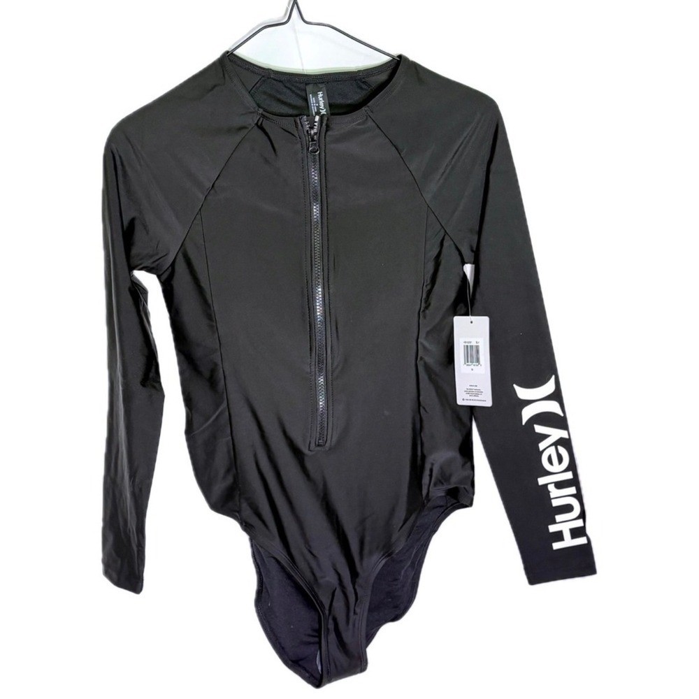 NWT Hurley Black Long Sleeve One Piece Rash Guard / Swimsuit UPF 50+ Zip Surf SM