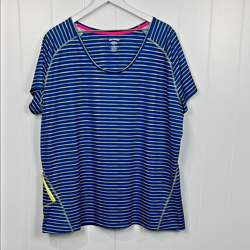 Reel Legends Womens Rash Guard 2X Blue Lime Stripes Stretch Zip Pocket 100% Poly