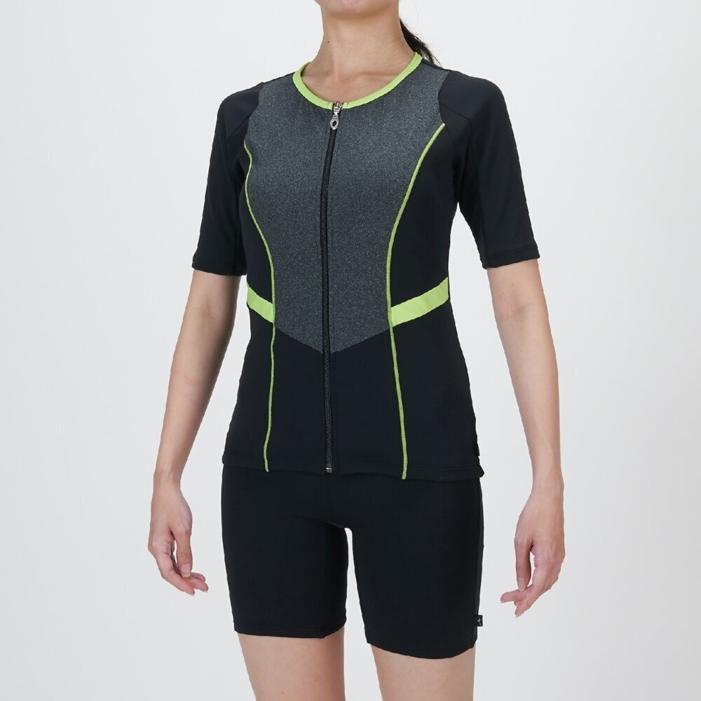 Mizuno Women’s Aqua Fitness Two-Piece Swimsuit Front Zip Black/Lime 2025SS
