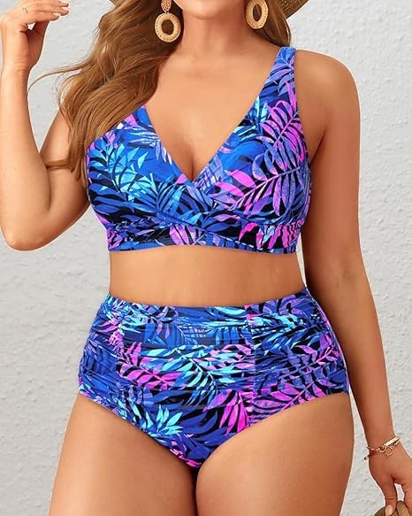 High Waisted Bikini Set Sport Bra Scoop Neck Swimsuit Plus Size 22W New